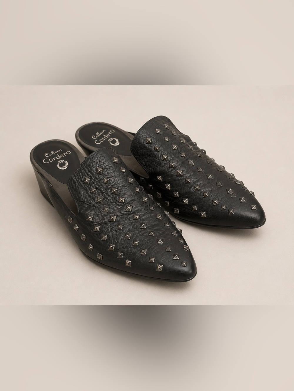 Calleen Cordero Studded Leather Mule Heels Black Handmade Wood Heel Size 9.5